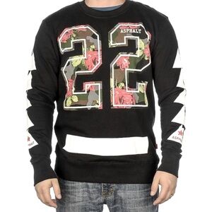 Asphalt Black Crewneck Sweatshirt with Floral Number Design detailed sleeves MED